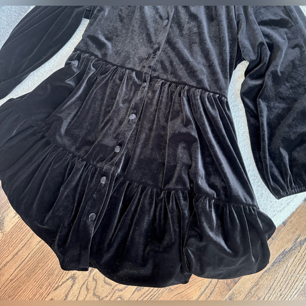 NWOT Black Boutique Smock Dress Crushed Black Velvet Sz Small Button Down V-Neck - Picture 7 of 10